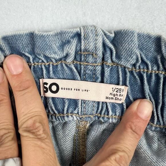 SO Paper Bag Elastic Waist High Rise Mom Light Blue Denim Shorts Juniors' 1/25W - Picture 6 of 12